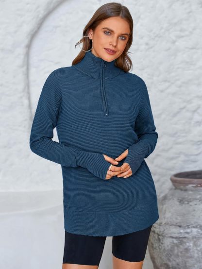  Womens Long Sleeve Quarter Zip Pullover Sweater Casual Loose V Neck Collared Ribbed Knit Jumper Tops Thumb Hole