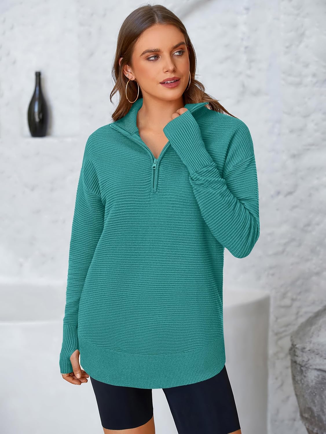  Womens Long Sleeve Quarter Zip Pullover Sweater Casual Loose V Neck Collared Ribbed Knit Jumper Tops Thumb Hole