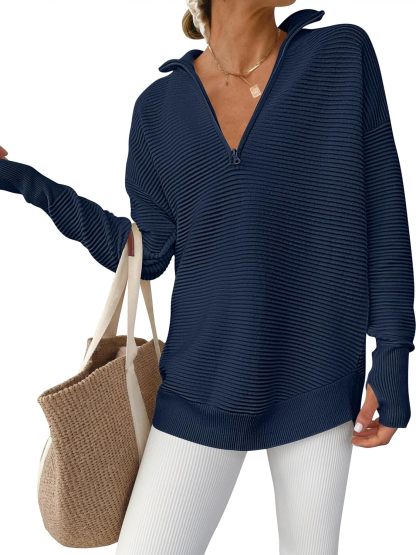 Womens Long Sleeve Quarter Zip Pullover Sweater Casual Loose V Neck Collared Ribbed Knit Jumper Tops Thumb Hole