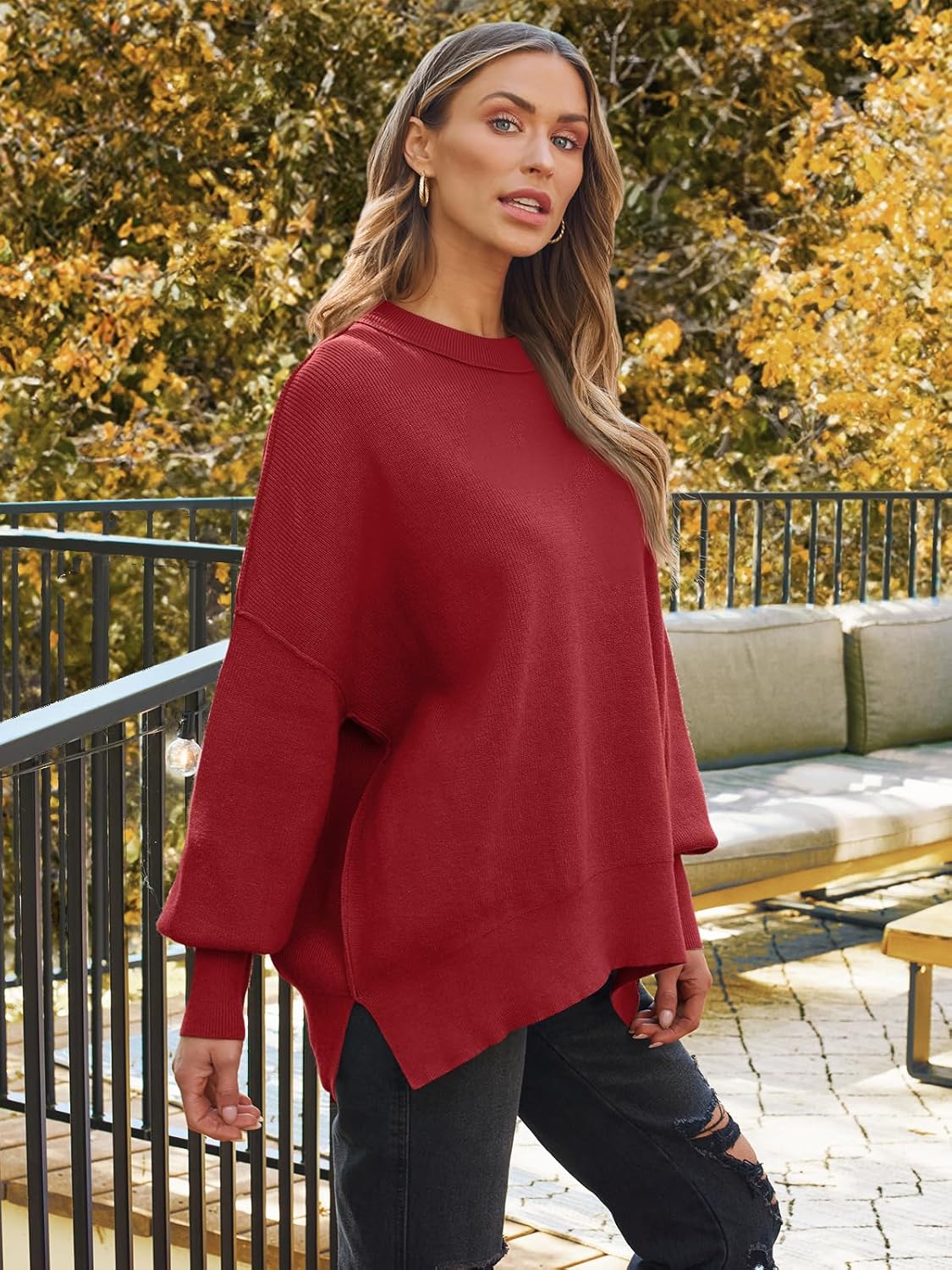 Women's Oversized Batwing Sweaters  Trendy Crewneck Knit Side Slit Fashion Pullover Tops