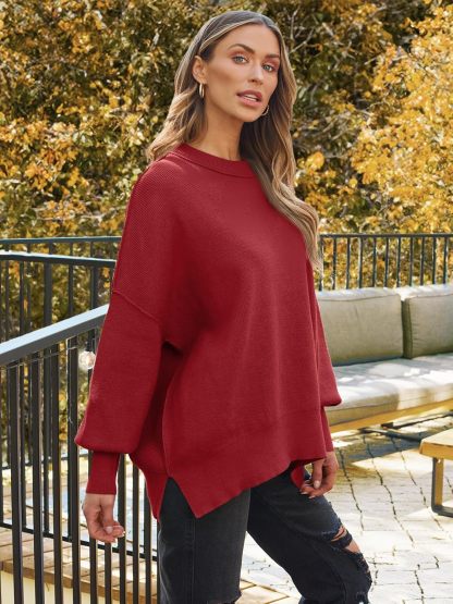 Women's Oversized Batwing Sweaters  Trendy Crewneck Knit Side Slit Fashion Pullover Tops