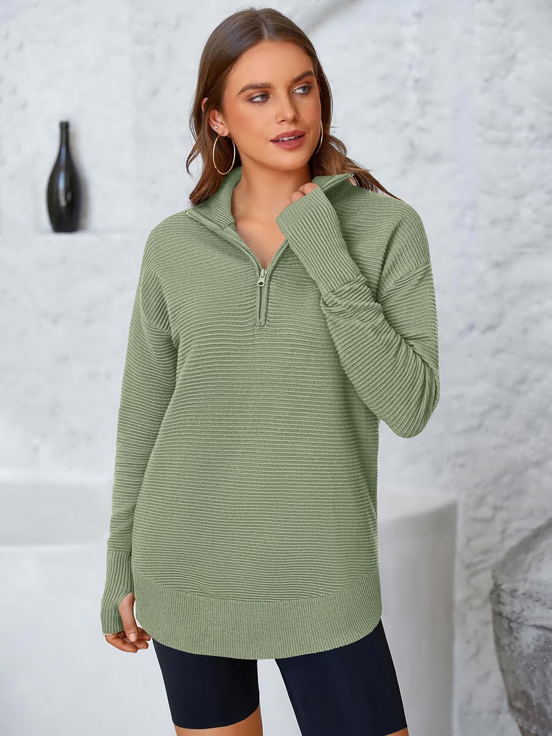  Womens Long Sleeve Quarter Zip Pullover Sweater Casual Loose V Neck Collared Ribbed Knit Jumper Tops Thumb Hole