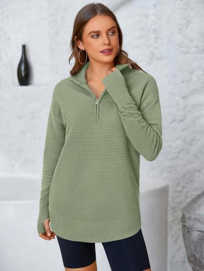  Womens Long Sleeve Quarter Zip Pullover Sweater Casual Loose V Neck Collared Ribbed Knit Jumper Tops Thumb Hole