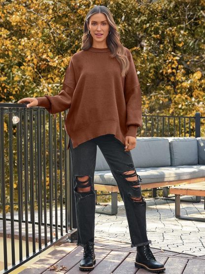 Women's Oversized Batwing Sweaters  Trendy Crewneck Knit Side Slit Fashion Pullover Tops