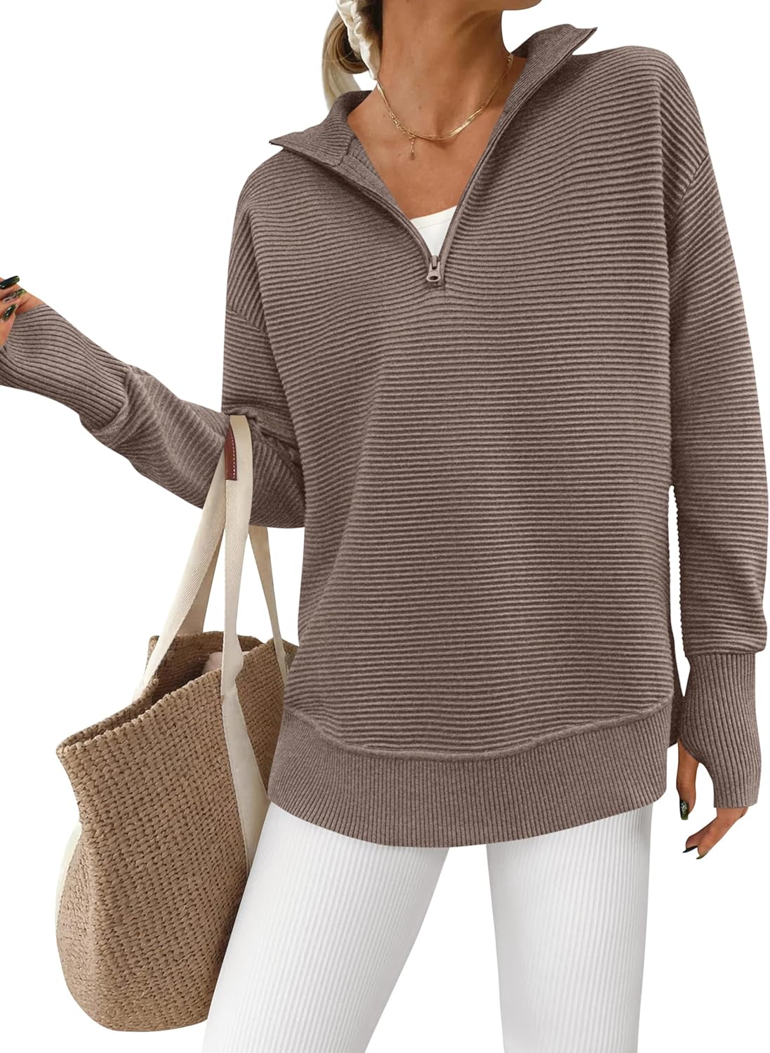  Womens Long Sleeve Quarter Zip Pullover Sweater Casual Loose V Neck Collared Ribbed Knit Jumper Tops Thumb Hole