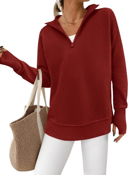  Womens Long Sleeve Quarter Zip Pullover Sweater Casual Loose V Neck Collared Ribbed Knit Jumper Tops Thumb Hole