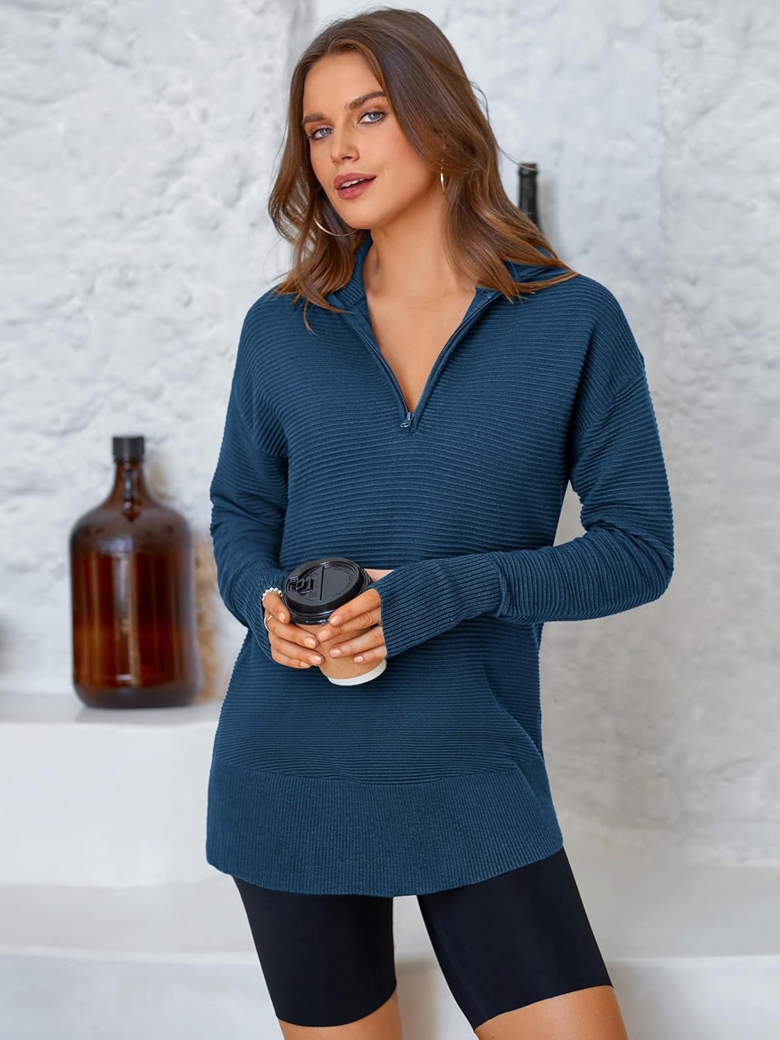  Womens Long Sleeve Quarter Zip Pullover Sweater Casual Loose V Neck Collared Ribbed Knit Jumper Tops Thumb Hole