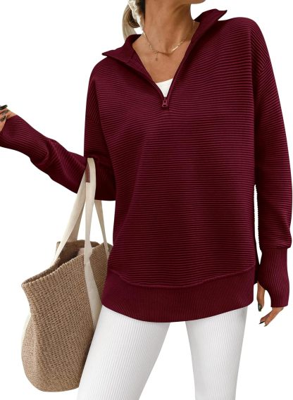  Womens Long Sleeve Quarter Zip Pullover Sweater Casual Loose V Neck Collared Ribbed Knit Jumper Tops Thumb Hole