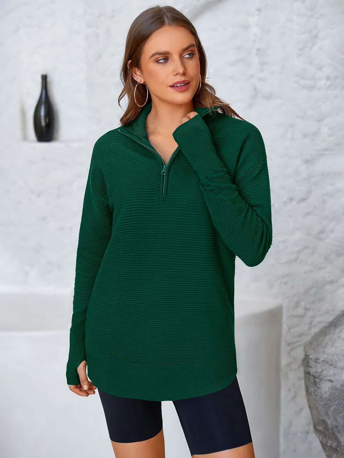  Womens Long Sleeve Quarter Zip Pullover Sweater Casual Loose V Neck Collared Ribbed Knit Jumper Tops Thumb Hole
