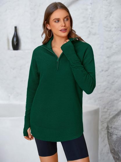  Womens Long Sleeve Quarter Zip Pullover Sweater Casual Loose V Neck Collared Ribbed Knit Jumper Tops Thumb Hole