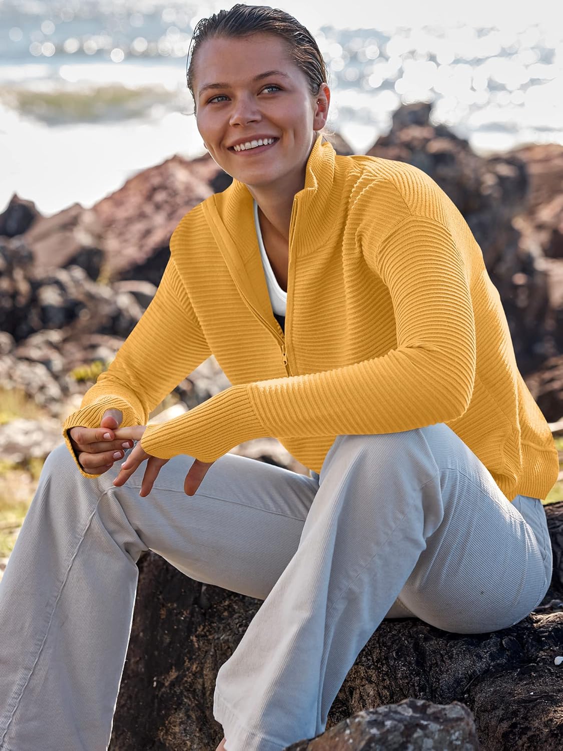 Womens Long Sleeve Quarter Zip Pullover Sweater Casual Loose V Neck Collared Ribbed Knit Jumper Tops Thumb Hole