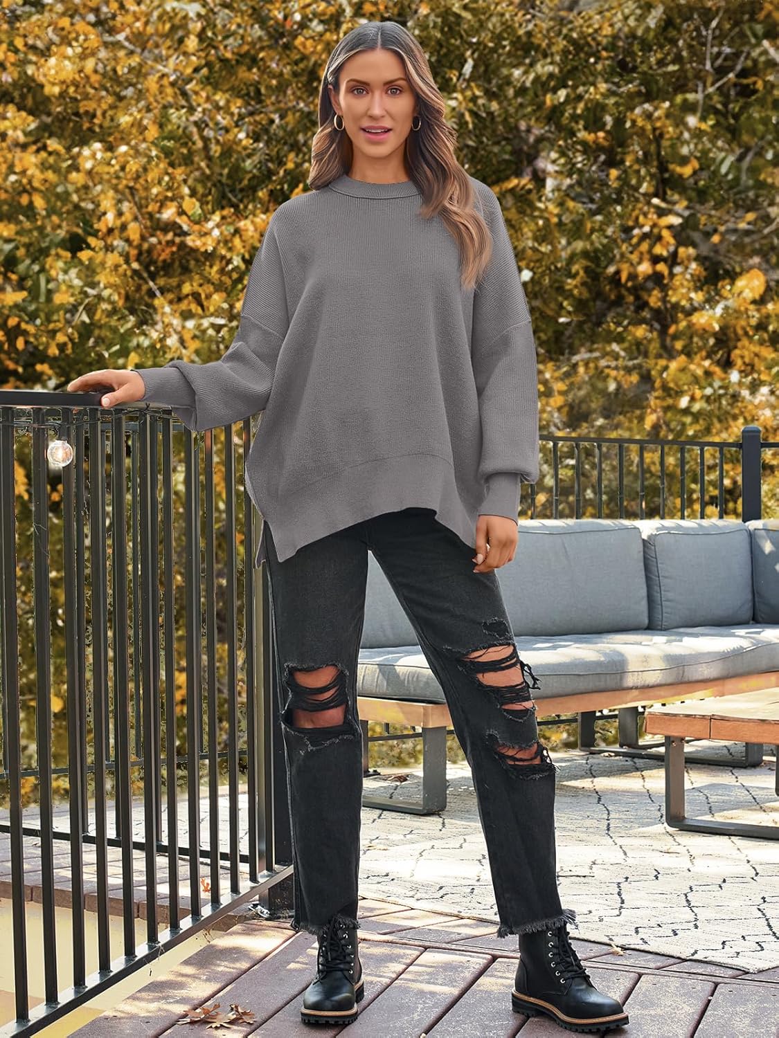 Women's Oversized Batwing Sweaters  Trendy Crewneck Knit Side Slit Fashion Pullover Tops