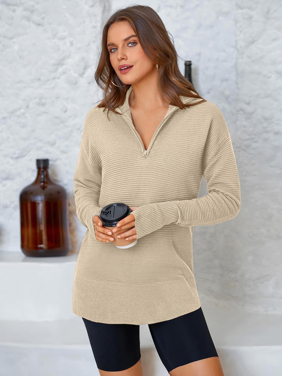  Womens Long Sleeve Quarter Zip Pullover Sweater Casual Loose V Neck Collared Ribbed Knit Jumper Tops Thumb Hole