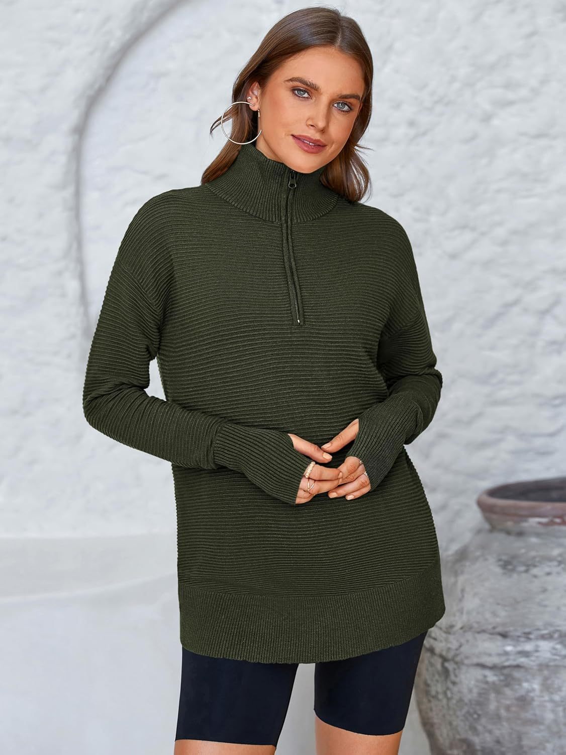  Womens Long Sleeve Quarter Zip Pullover Sweater Casual Loose V Neck Collared Ribbed Knit Jumper Tops Thumb Hole