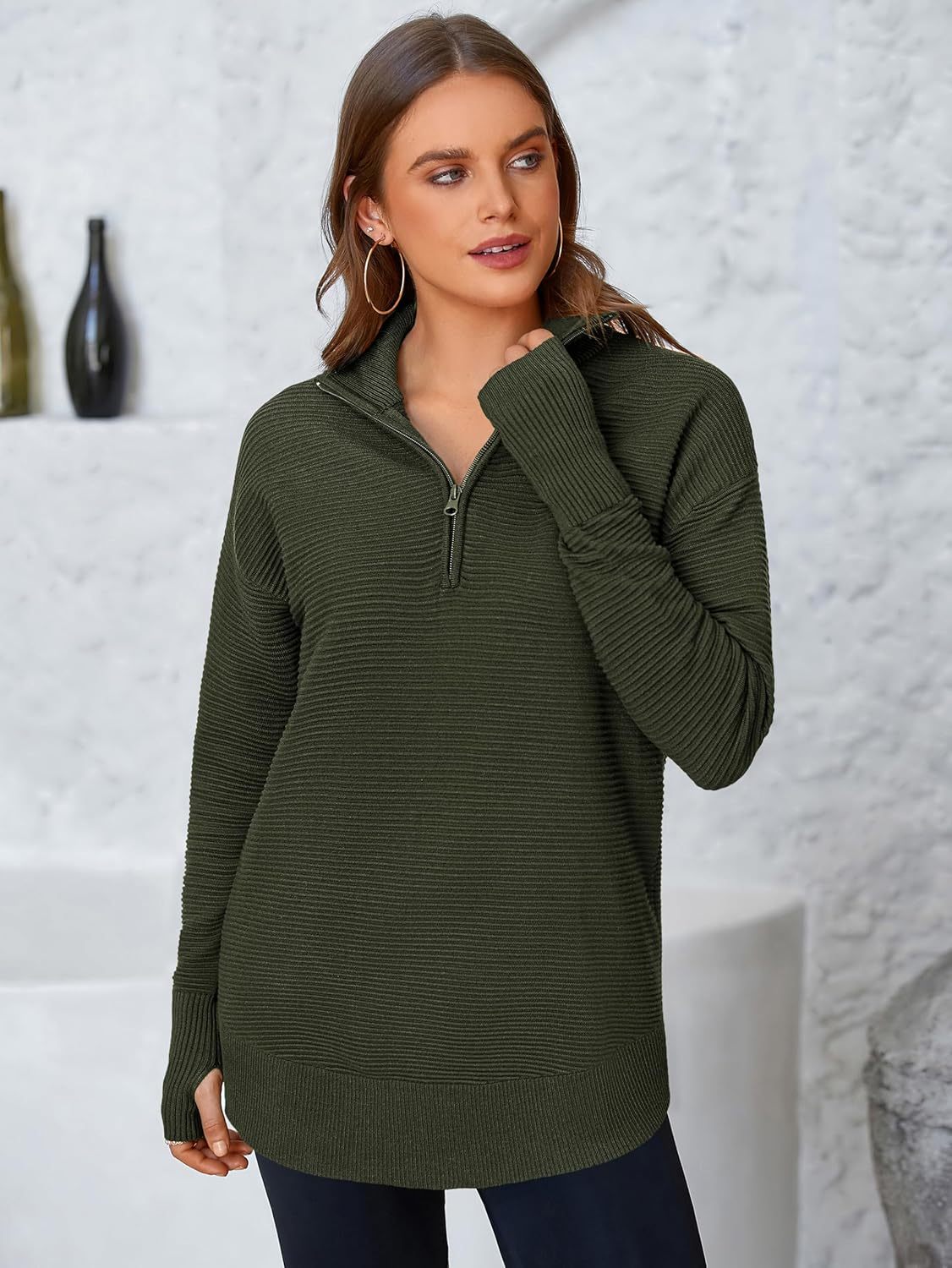  Womens Long Sleeve Quarter Zip Pullover Sweater Casual Loose V Neck Collared Ribbed Knit Jumper Tops Thumb Hole