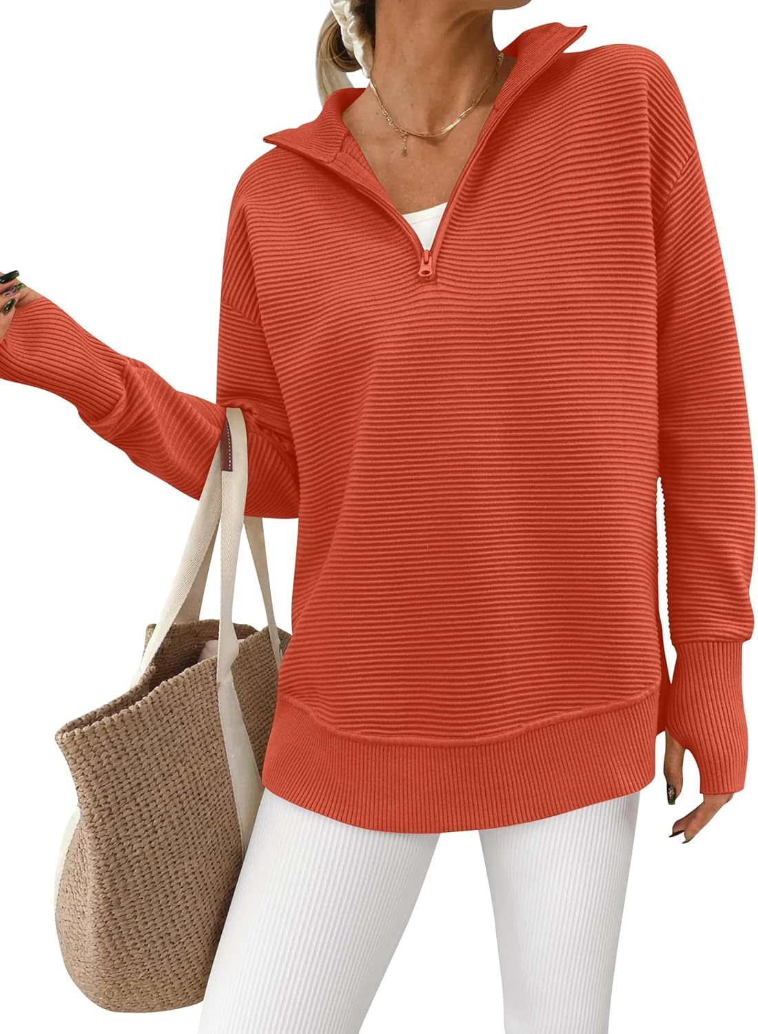  Womens Long Sleeve Quarter Zip Pullover Sweater Casual Loose V Neck Collared Ribbed Knit Jumper Tops Thumb Hole