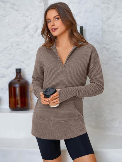  Womens Long Sleeve Quarter Zip Pullover Sweater Casual Loose V Neck Collared Ribbed Knit Jumper Tops Thumb Hole