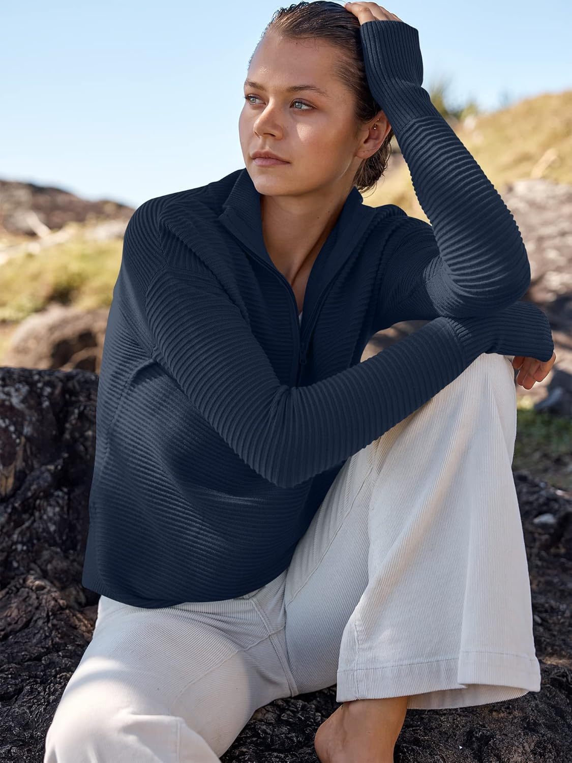 Womens Long Sleeve Quarter Zip Pullover Sweater Casual Loose V Neck Collared Ribbed Knit Jumper Tops Thumb Hole