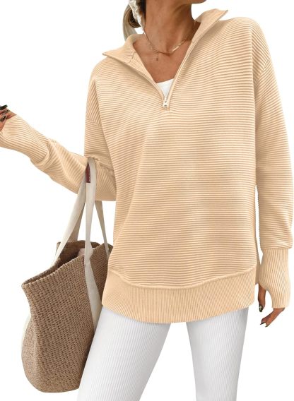  Womens Long Sleeve Quarter Zip Pullover Sweater Casual Loose V Neck Collared Ribbed Knit Jumper Tops Thumb Hole