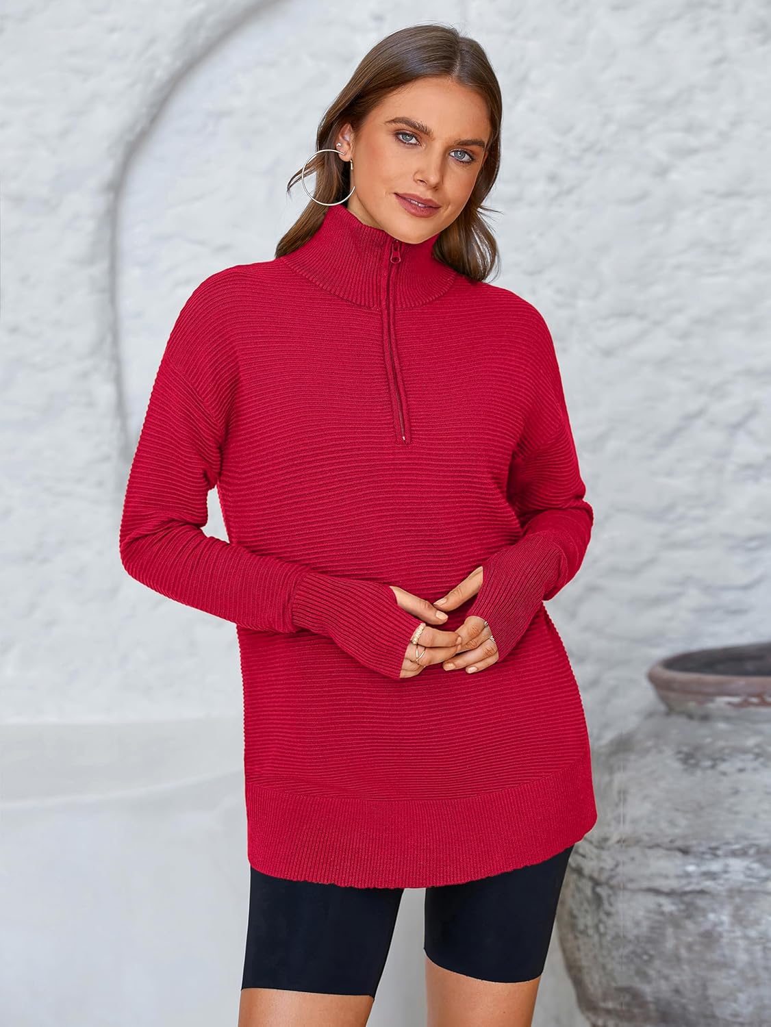  Womens Long Sleeve Quarter Zip Pullover Sweater Casual Loose V Neck Collared Ribbed Knit Jumper Tops Thumb Hole