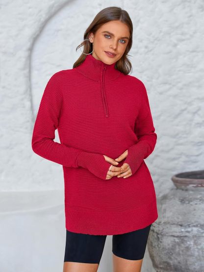  Womens Long Sleeve Quarter Zip Pullover Sweater Casual Loose V Neck Collared Ribbed Knit Jumper Tops Thumb Hole