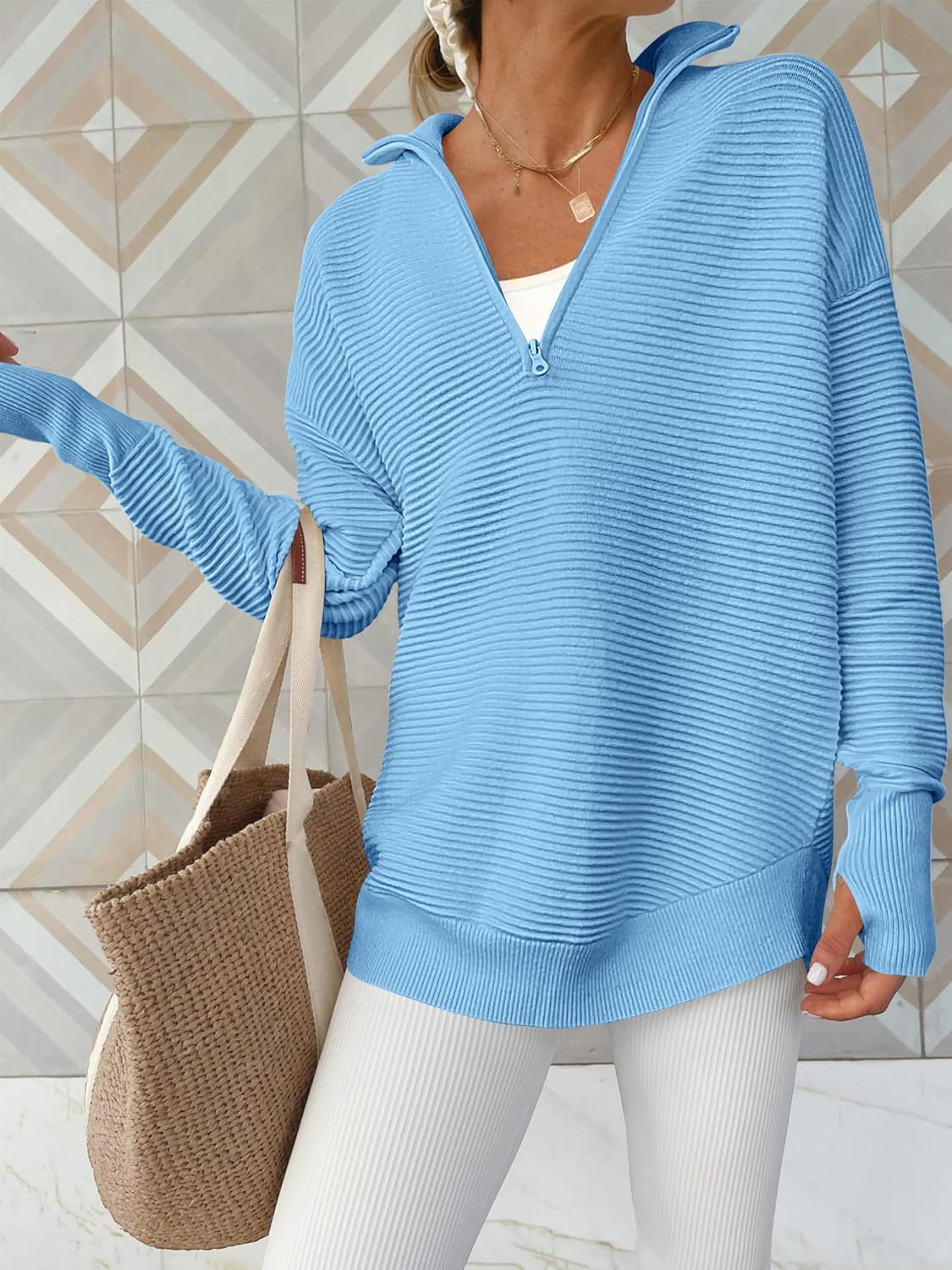 Womens Long Sleeve Quarter Zip Pullover Sweater Casual Loose V Neck Collared Ribbed Knit Jumper Tops Thumb Hole