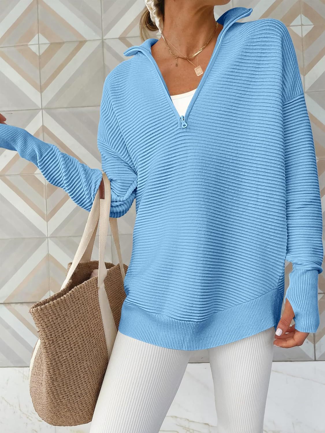 Womens Long Sleeve Quarter Zip Pullover Sweater Casual Loose V Neck Collared Ribbed Knit Jumper Tops Thumb Hole