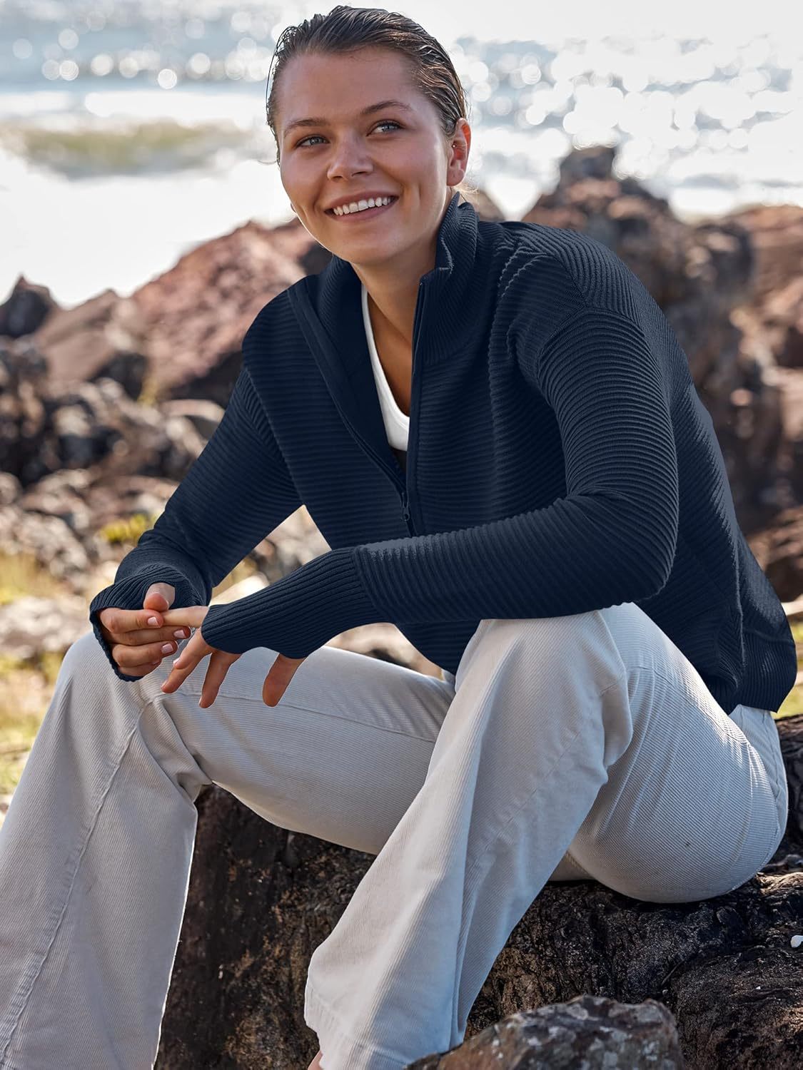 Womens Long Sleeve Quarter Zip Pullover Sweater Casual Loose V Neck Collared Ribbed Knit Jumper Tops Thumb Hole