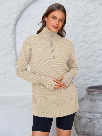  Womens Long Sleeve Quarter Zip Pullover Sweater Casual Loose V Neck Collared Ribbed Knit Jumper Tops Thumb Hole