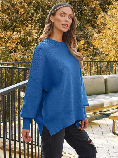 Women's Oversized Batwing Sweaters  Trendy Crewneck Knit Side Slit Fashion Pullover Tops