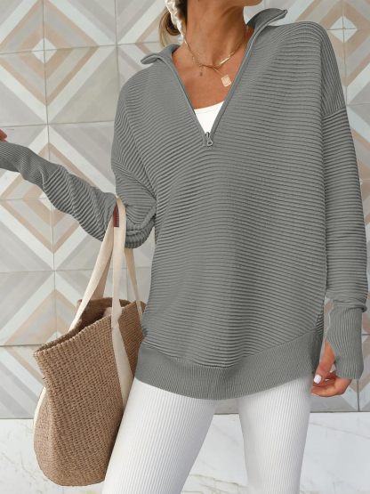Womens Long Sleeve Quarter Zip Pullover Sweater Casual Loose V Neck Collared Ribbed Knit Jumper Tops Thumb Hole