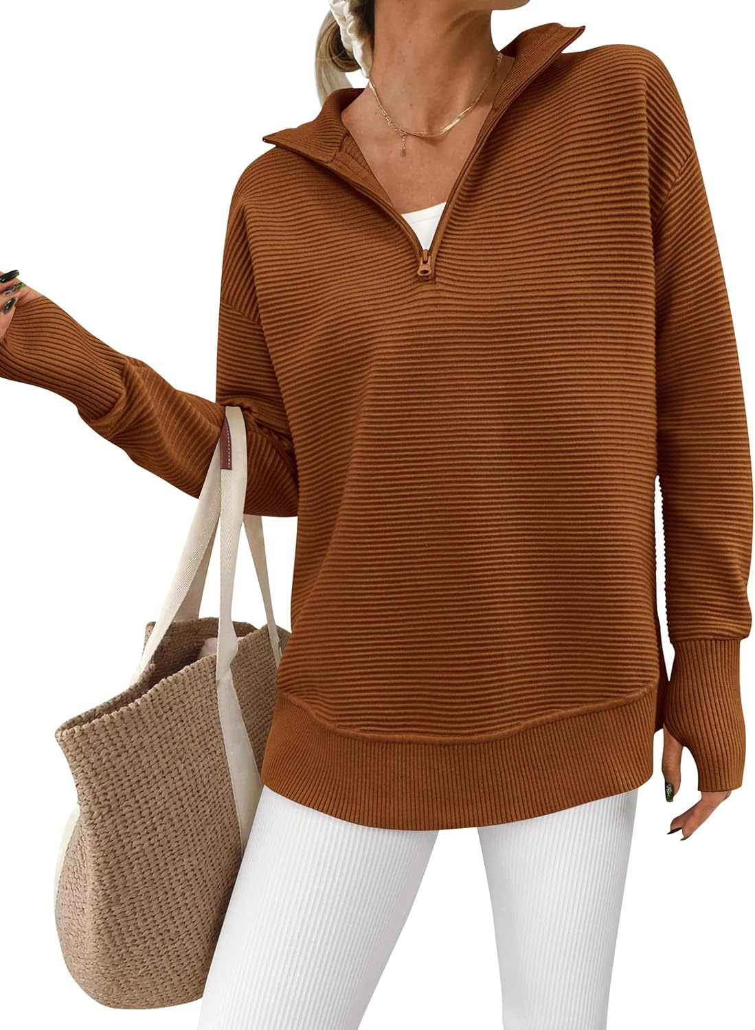  Womens Long Sleeve Quarter Zip Pullover Sweater Casual Loose V Neck Collared Ribbed Knit Jumper Tops Thumb Hole