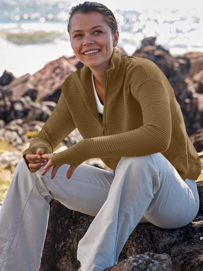 Womens Long Sleeve Quarter Zip Pullover Sweater Casual Loose V Neck Collared Ribbed Knit Jumper Tops Thumb Hole