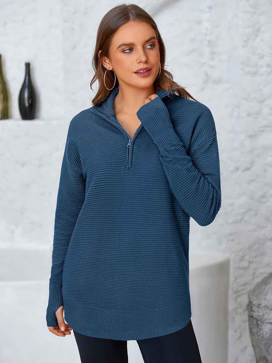  Womens Long Sleeve Quarter Zip Pullover Sweater Casual Loose V Neck Collared Ribbed Knit Jumper Tops Thumb Hole