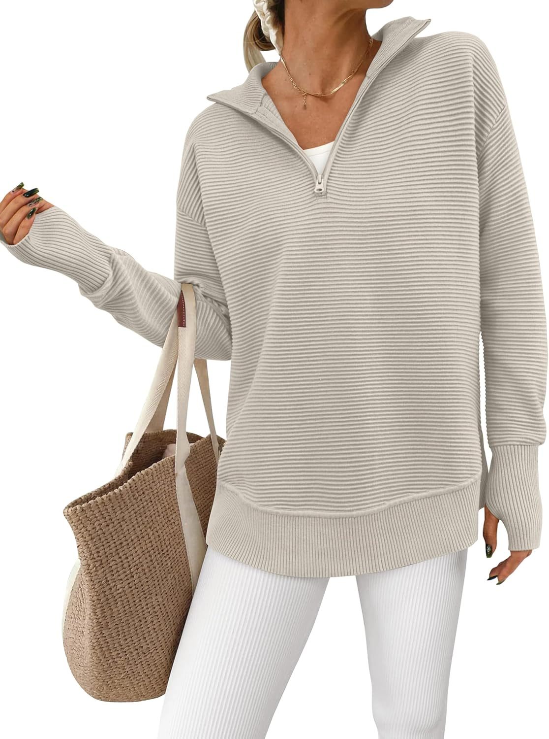  Womens Long Sleeve Quarter Zip Pullover Sweater Casual Loose V Neck Collared Ribbed Knit Jumper Tops Thumb Hole