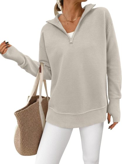  Womens Long Sleeve Quarter Zip Pullover Sweater Casual Loose V Neck Collared Ribbed Knit Jumper Tops Thumb Hole