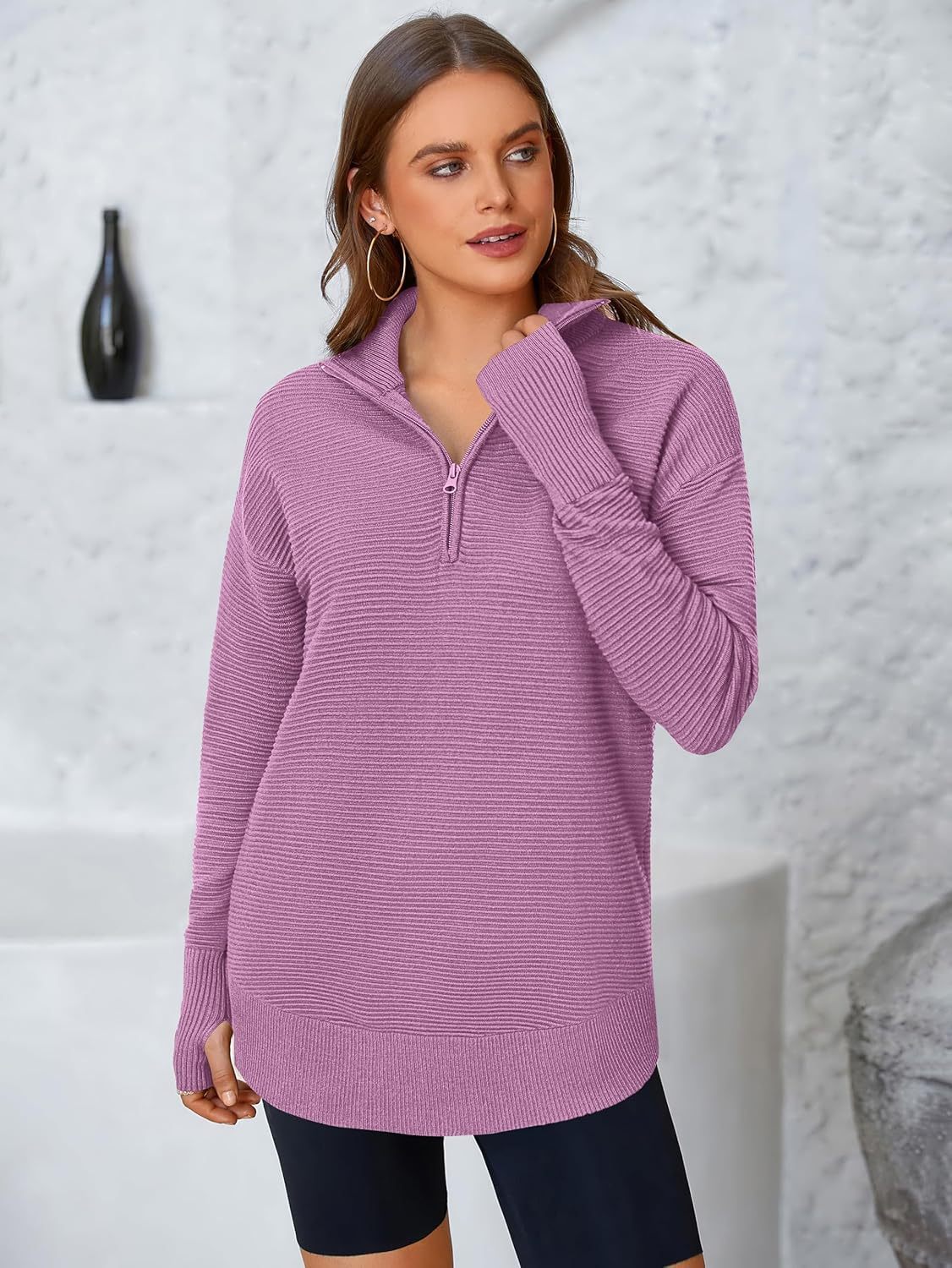 Womens Long Sleeve Quarter Zip Pullover Sweater Casual Loose V Neck Collared Ribbed Knit Jumper Tops Thumb Hole