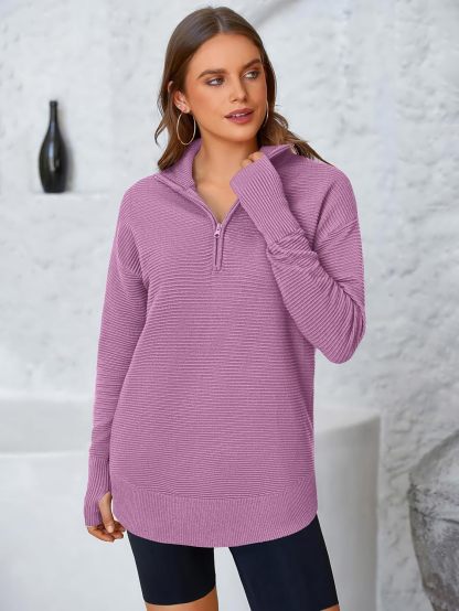  Womens Long Sleeve Quarter Zip Pullover Sweater Casual Loose V Neck Collared Ribbed Knit Jumper Tops Thumb Hole