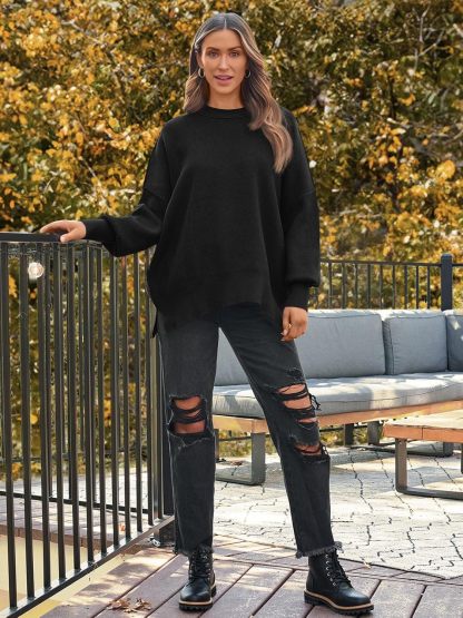 Women's Oversized Batwing Sweaters  Trendy Crewneck Knit Side Slit Fashion Pullover Tops