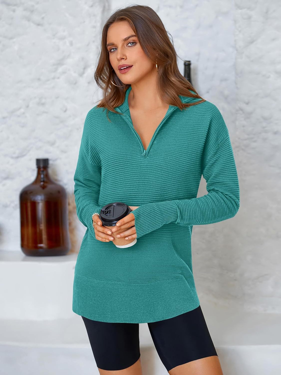  Womens Long Sleeve Quarter Zip Pullover Sweater Casual Loose V Neck Collared Ribbed Knit Jumper Tops Thumb Hole
