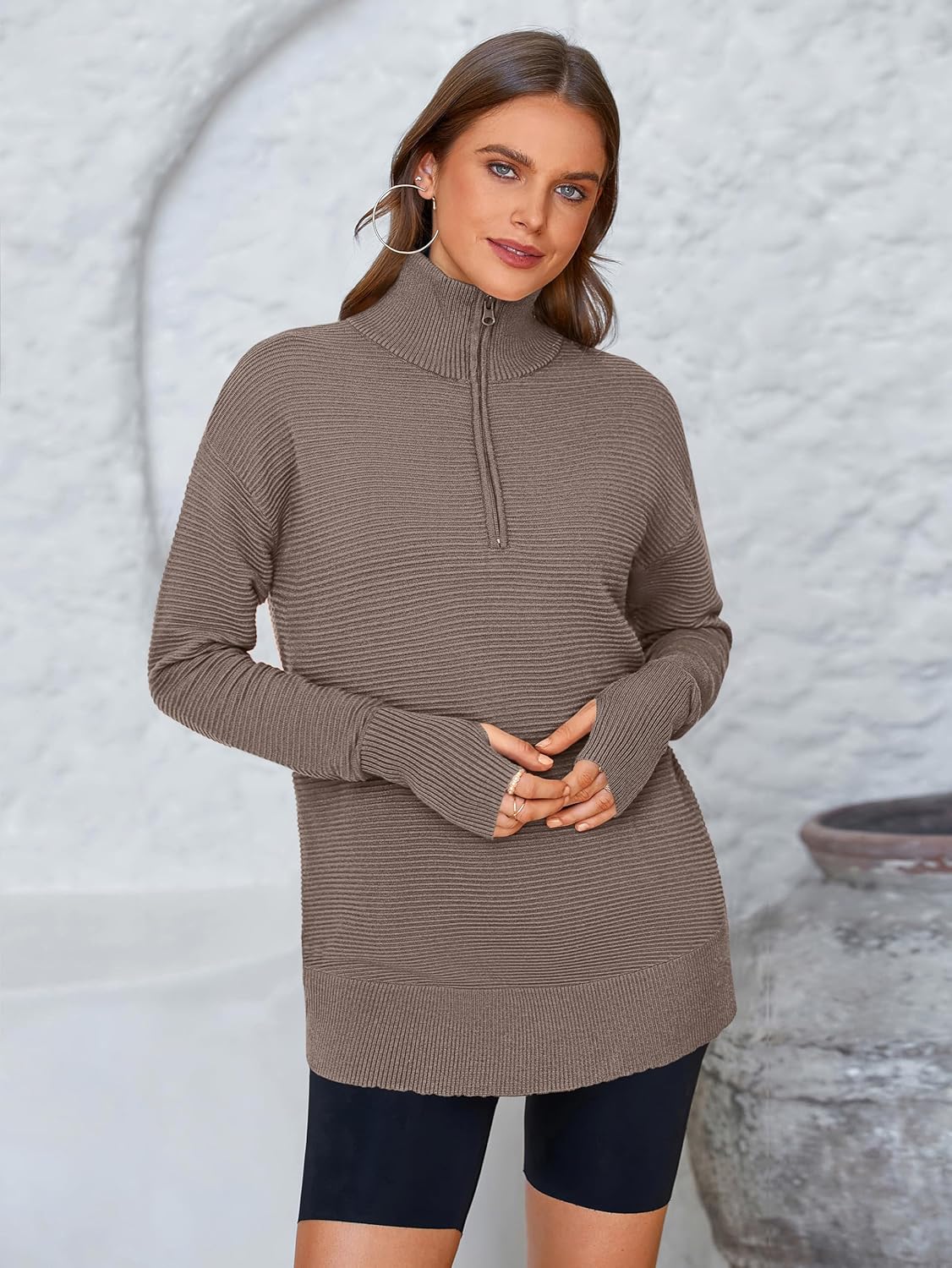  Womens Long Sleeve Quarter Zip Pullover Sweater Casual Loose V Neck Collared Ribbed Knit Jumper Tops Thumb Hole