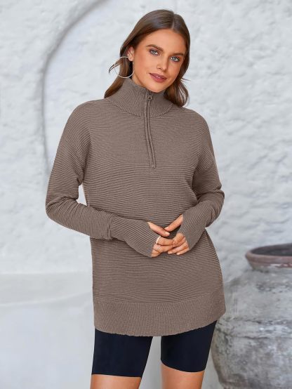  Womens Long Sleeve Quarter Zip Pullover Sweater Casual Loose V Neck Collared Ribbed Knit Jumper Tops Thumb Hole