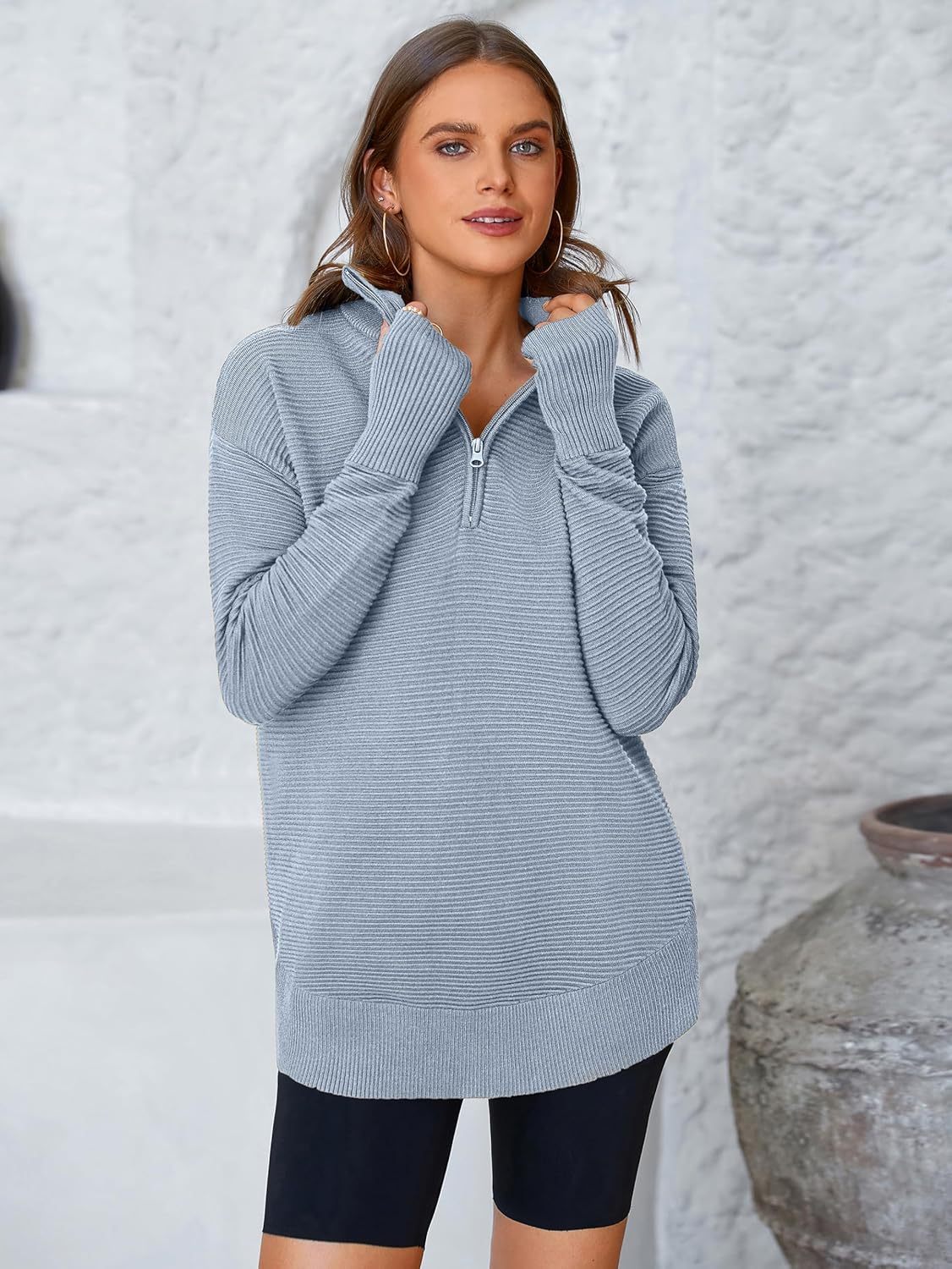  Womens Long Sleeve Quarter Zip Pullover Sweater Casual Loose V Neck Collared Ribbed Knit Jumper Tops Thumb Hole