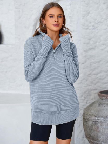  Womens Long Sleeve Quarter Zip Pullover Sweater Casual Loose V Neck Collared Ribbed Knit Jumper Tops Thumb Hole