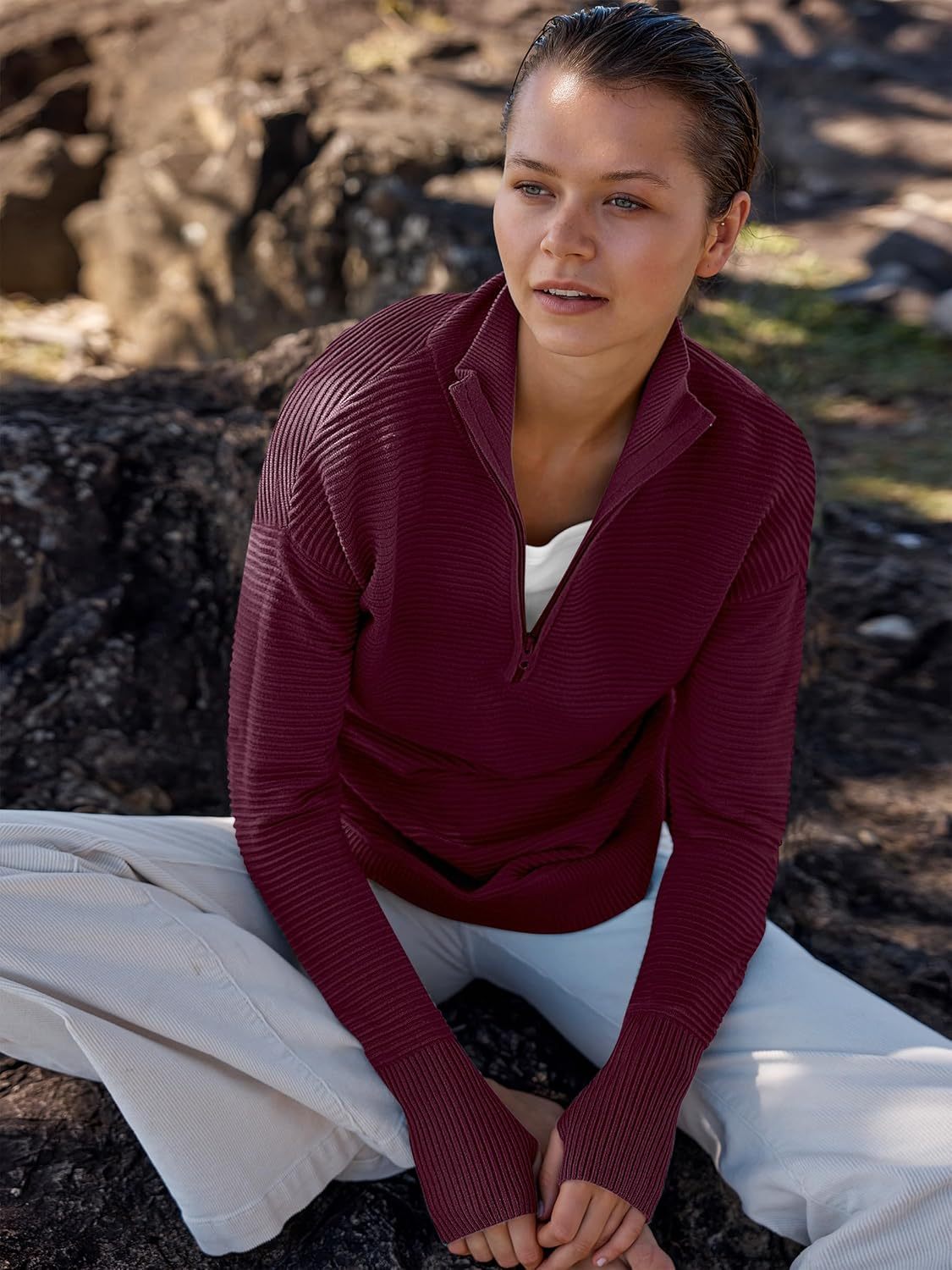 Womens Long Sleeve Quarter Zip Pullover Sweater Casual Loose V Neck Collared Ribbed Knit Jumper Tops Thumb Hole