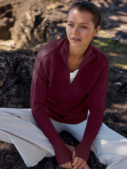 Womens Long Sleeve Quarter Zip Pullover Sweater Casual Loose V Neck Collared Ribbed Knit Jumper Tops Thumb Hole