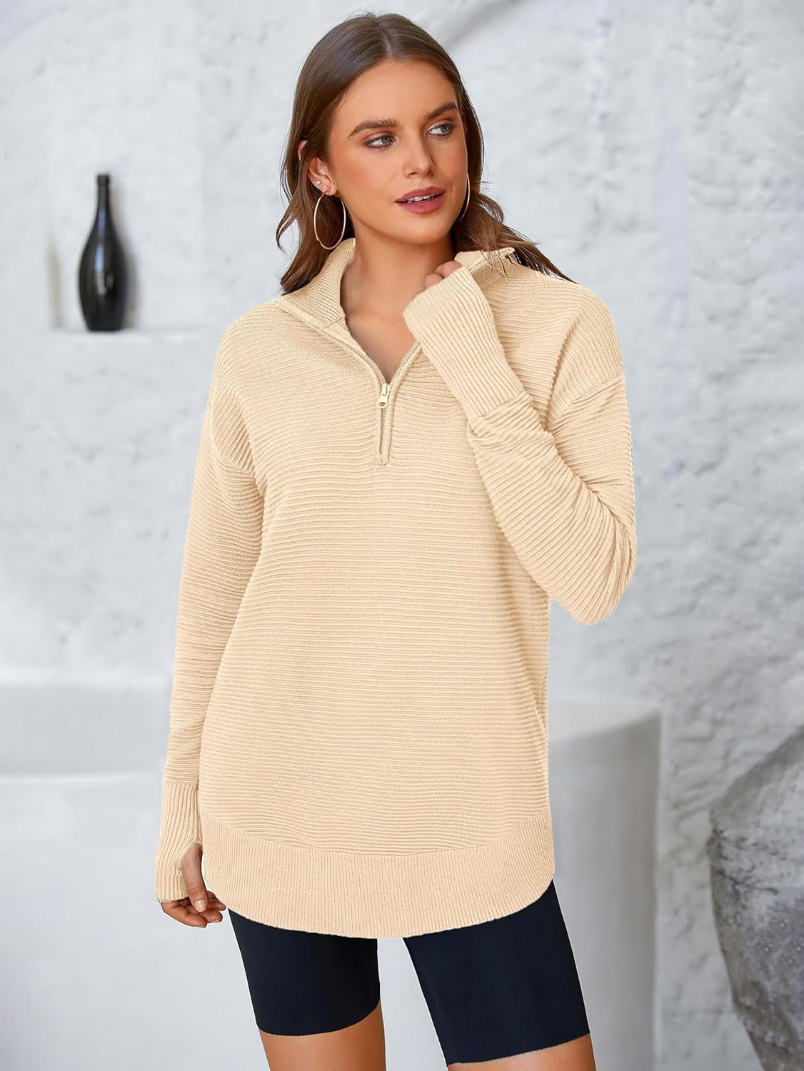  Womens Long Sleeve Quarter Zip Pullover Sweater Casual Loose V Neck Collared Ribbed Knit Jumper Tops Thumb Hole