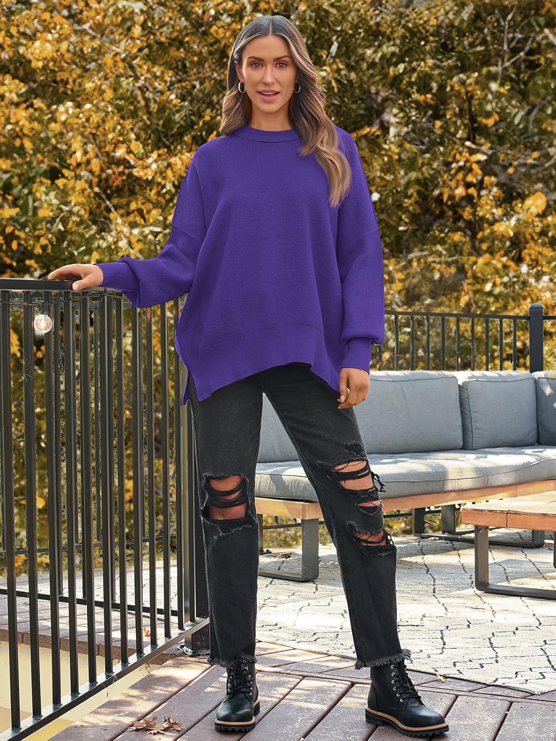 Women's Oversized Batwing Sweaters  Trendy Crewneck Knit Side Slit Fashion Pullover Tops