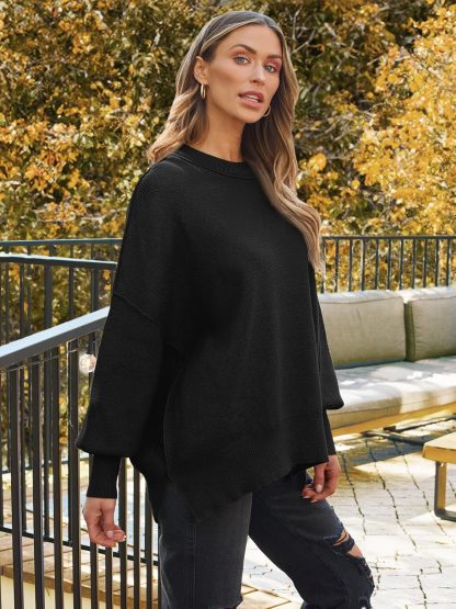 Women's Oversized Batwing Sweaters  Trendy Crewneck Knit Side Slit Fashion Pullover Tops