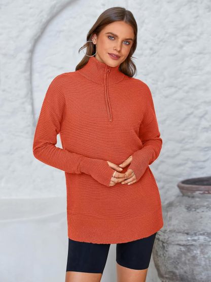  Womens Long Sleeve Quarter Zip Pullover Sweater Casual Loose V Neck Collared Ribbed Knit Jumper Tops Thumb Hole